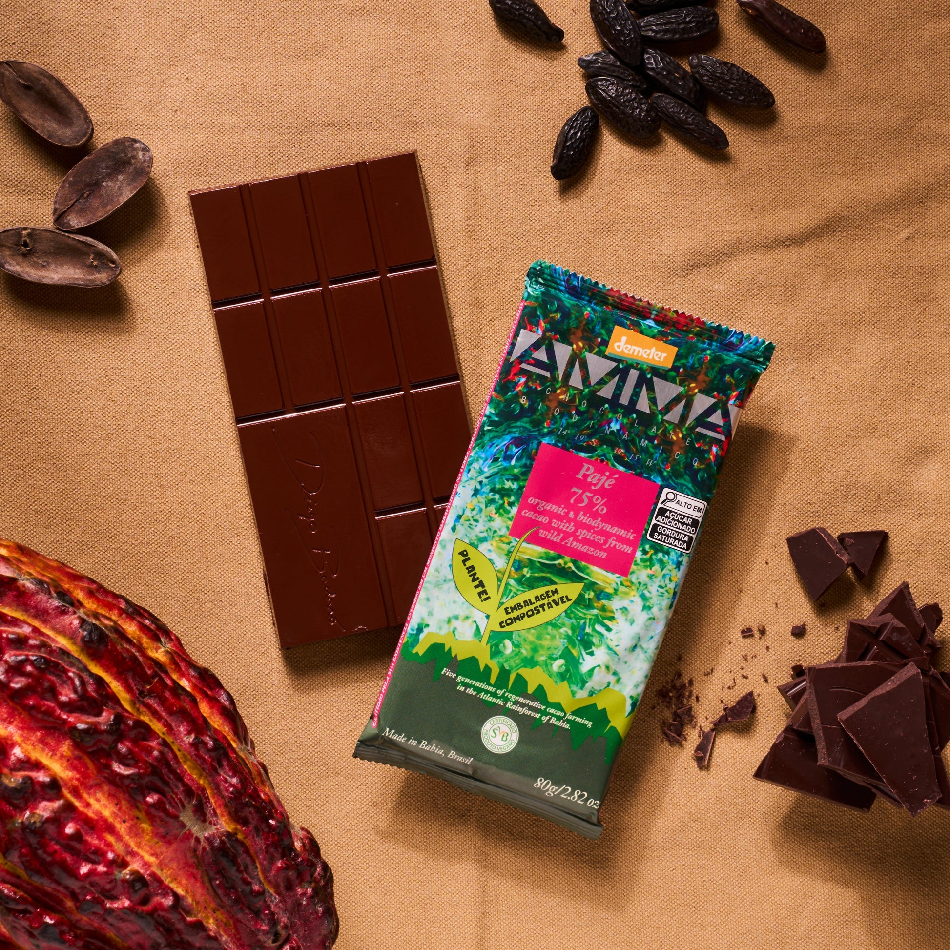 Chocolate Biodinâmico Pajé 75% Cacau com especiarias da Amazônia 80g